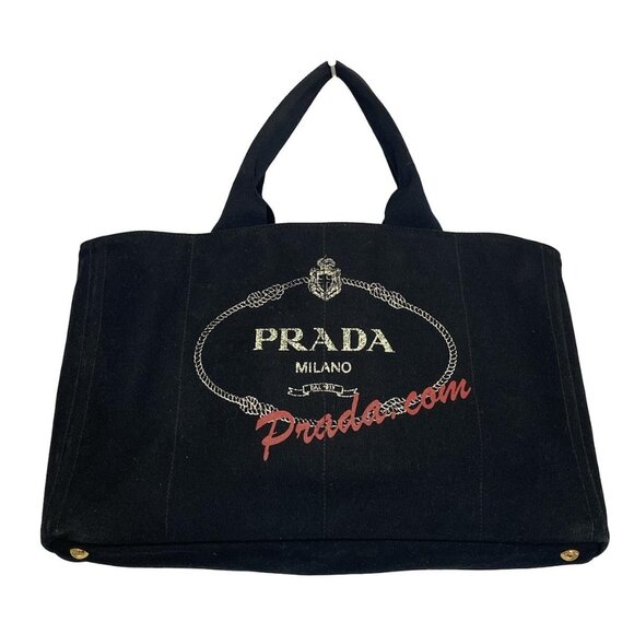 Auth PRADA Canapa - Black Cream Red Canvas Tote Bag - Picture 1 of 9